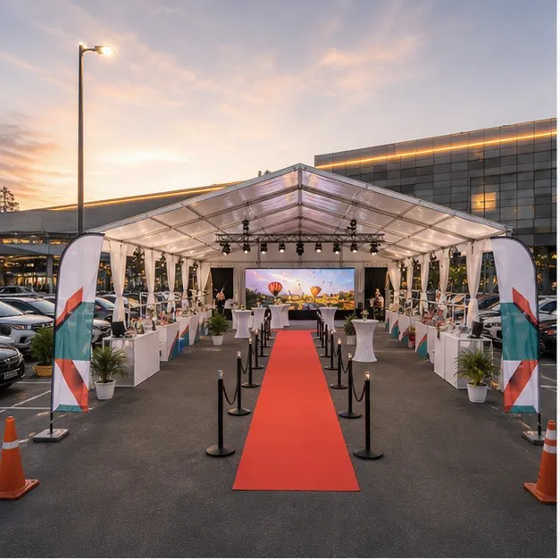 AEON Mall Shah Alam outdoor family day setup with modular marquee, vendor tables, customer lounge seating, registration desk and activity zone
