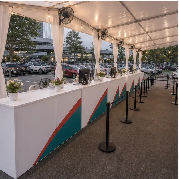 Side view of a mall family day setup with registration booth, vendor tables, customer lounge, queue barriers and shaded route