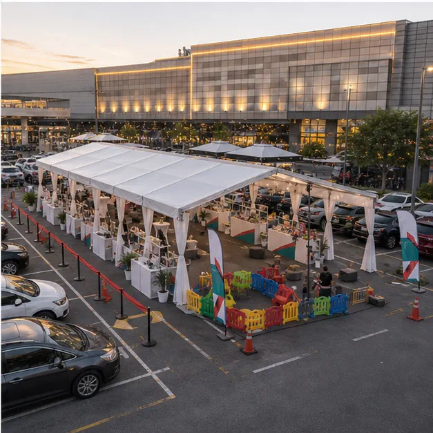 High angle view of a mall car park booth fair layout with modular marquee, vendor tables, lounge seating and activity zone
