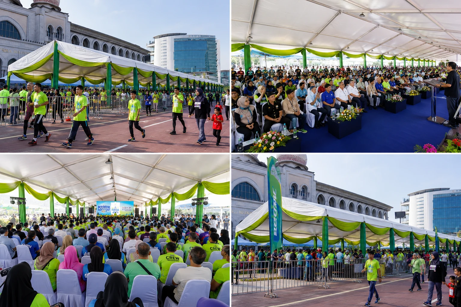Aidilfitri open house marquee collage with green drapes, crowd seating, front-row guest area, stage backdrop, barriers and public walkway