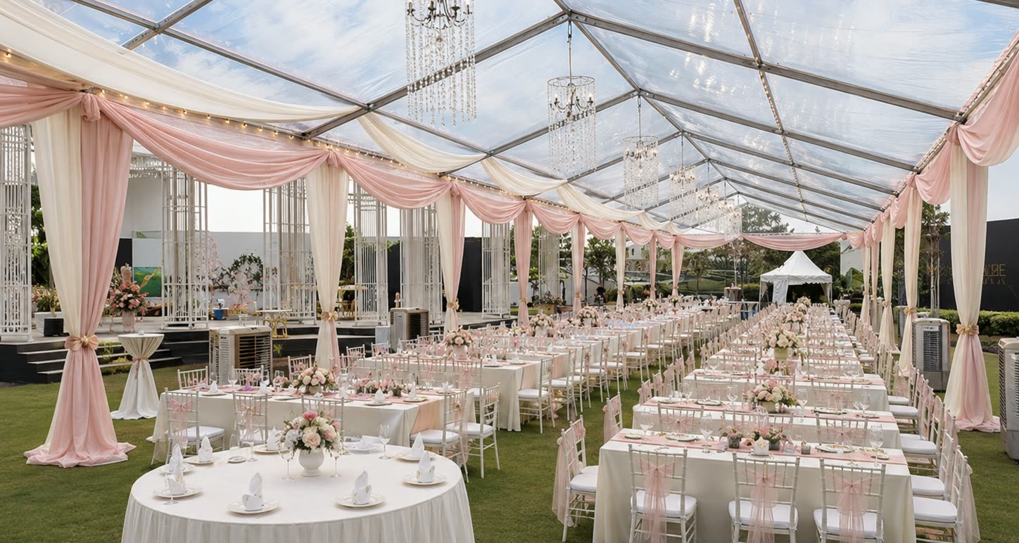 Air-conditioned canopy dining setup with banquet tables, covered guest area, cooling support and event dining layout