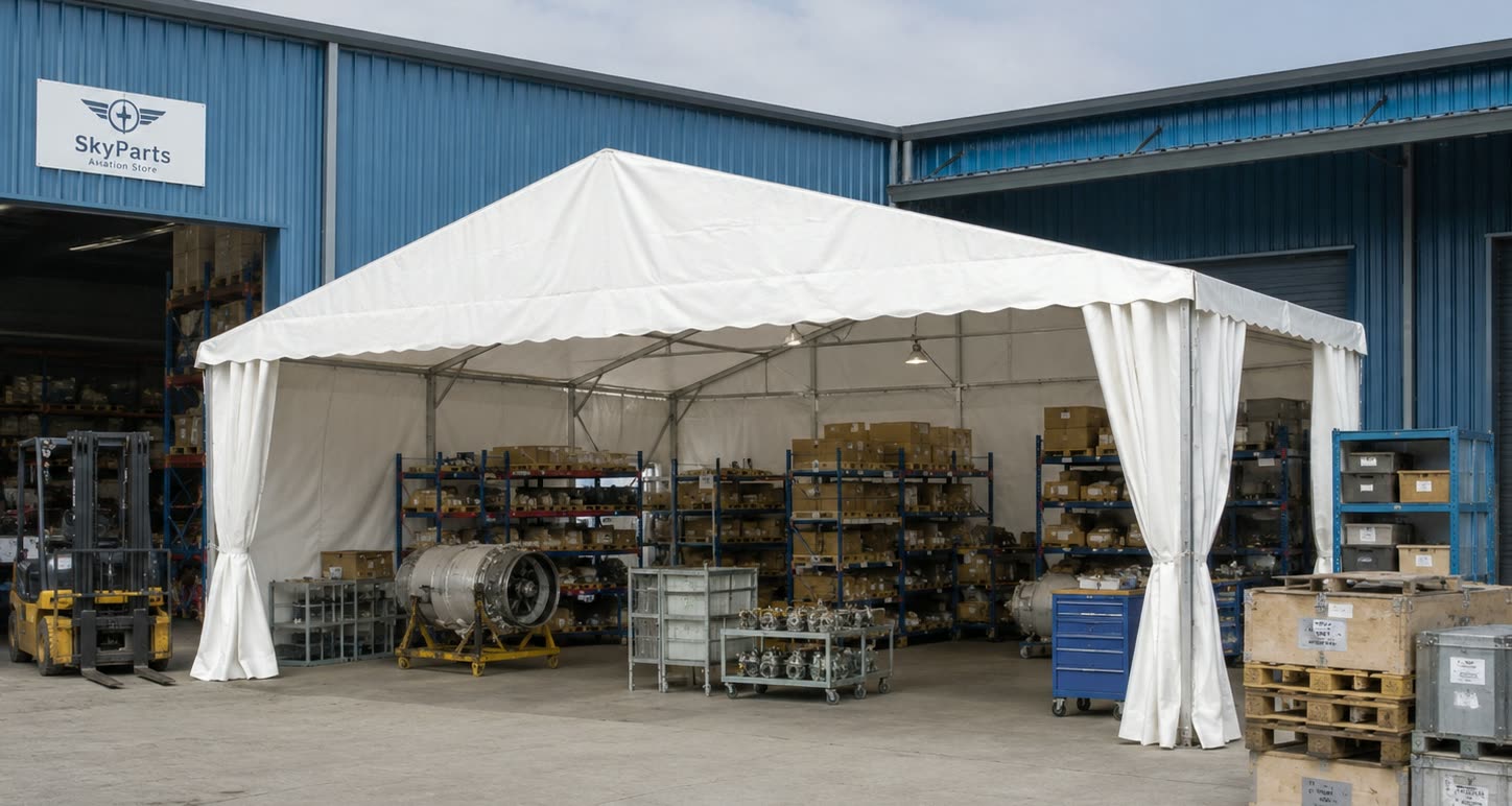 Industrial tent beside an aviation parts warehouse with shelves, equipment and forklift access