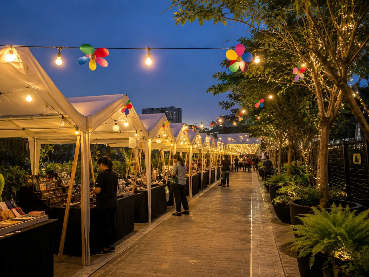 Evening bazaar canopy setup in Malaysia with stall tents, decorative lights, colorful pinwheel decorations and a warm night market atmosphere