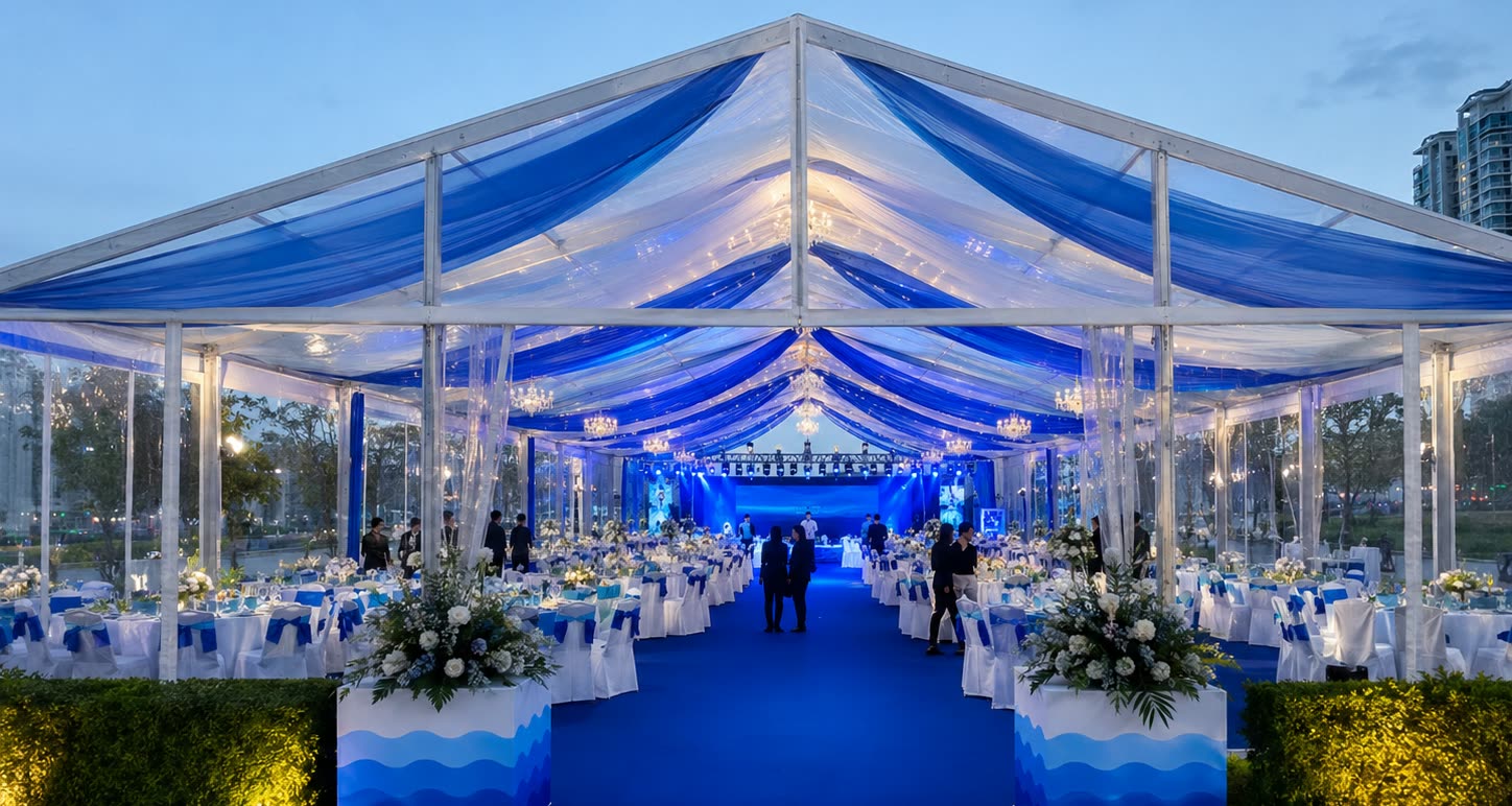 Clear span marquee event setup with blue carpet, white dining tables and blue ceiling drapes