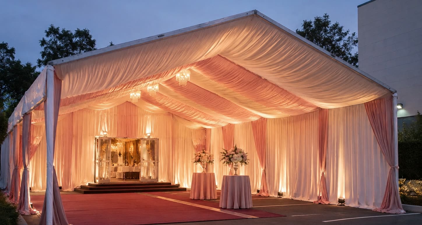 Blush and pearl marquee entrance with red carpet, floral stands and warm event lighting