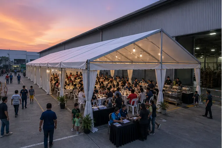 Bukit Raja factory family day setup with industrial tent, side wall option, staff dining, buffet counters and clear service route