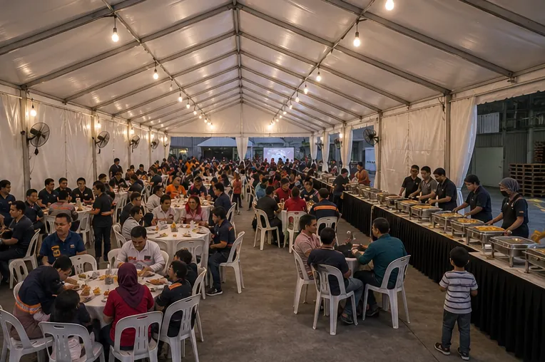 Inside view of an industrial tent with staff dining, buffet counters, plastic chairs, lighting and portable fans