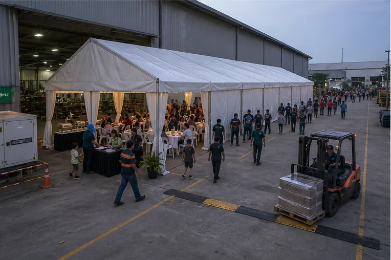 Side view of an industrial tent beside a loading bay with side walls, registration table and clear forklift route