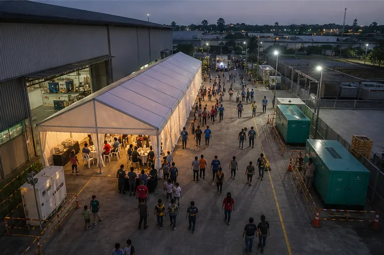 High angle view of a factory yard setup with industrial tent, warehouse loading bay, service lane and guest movement