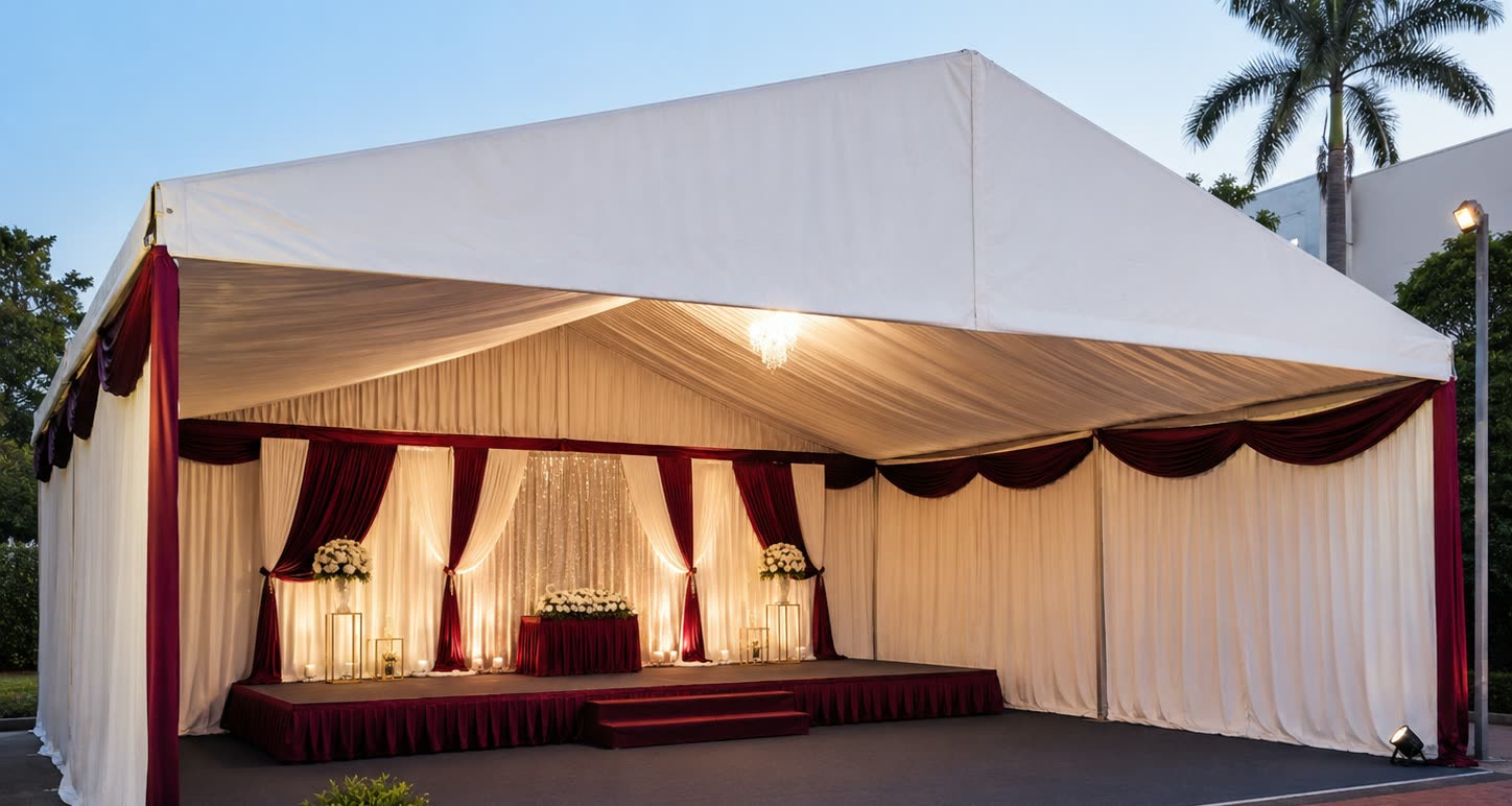 Burgundy and pearl wedding stage marquee with draped backdrop, platform stage and floral stands
