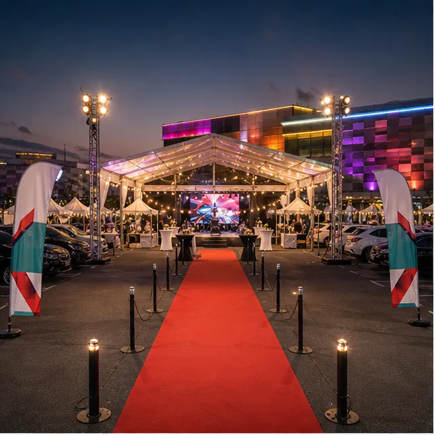 Central i-City outdoor car park night market setup with festival marquee, lighting towers, launch booth, entertainment area and guest pathway