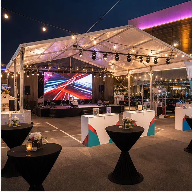 Launch booth and entertainment area under a festival marquee with lighting towers, counters, cocktail tables and warm evening lights