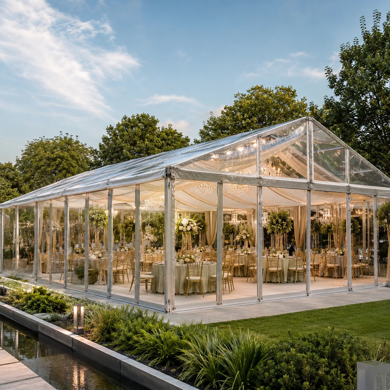 Exterior view of a champagne clear roof garden wedding marquee with transparent walls, chandelier lighting, floral centrepieces, gold chairs and landscaped garden border