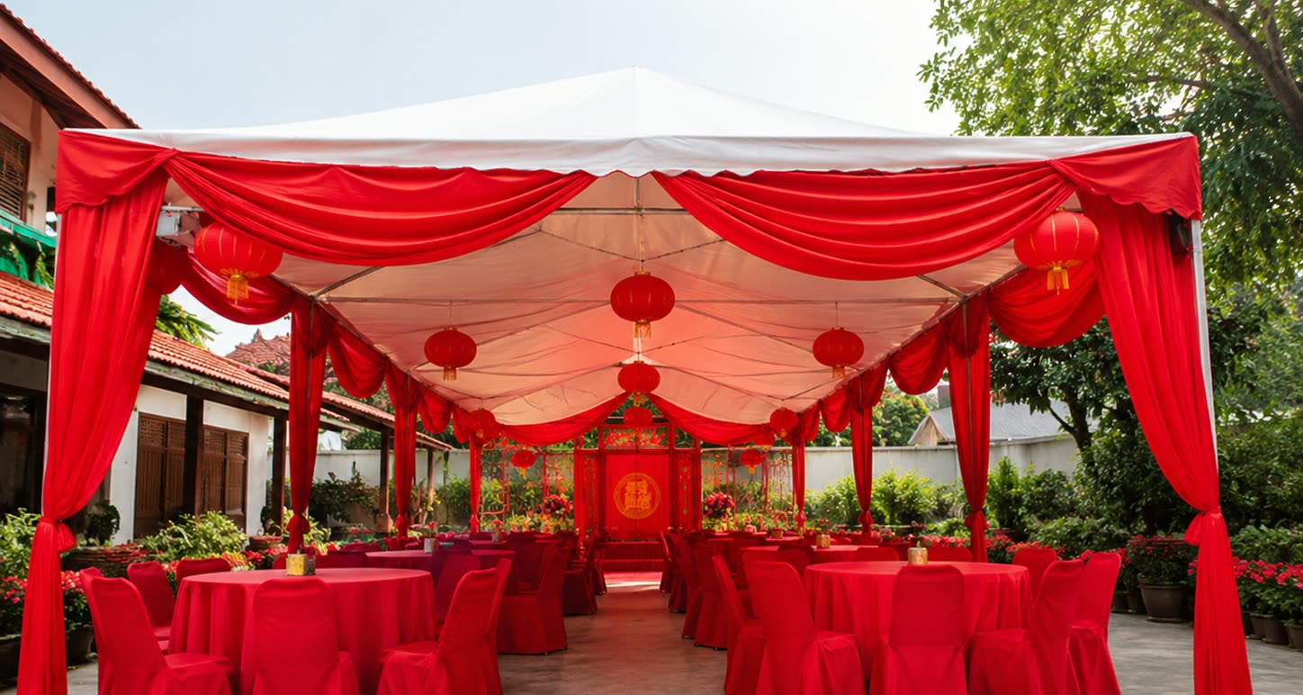 Daytime Chinese wedding marquee with red drapes, lanterns, round tables and red chairs
