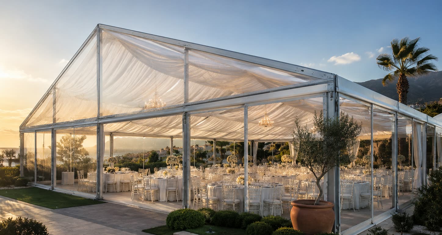 Clear roof wedding marquee at sunset with pearl drapes, chandeliers and garden landscaping