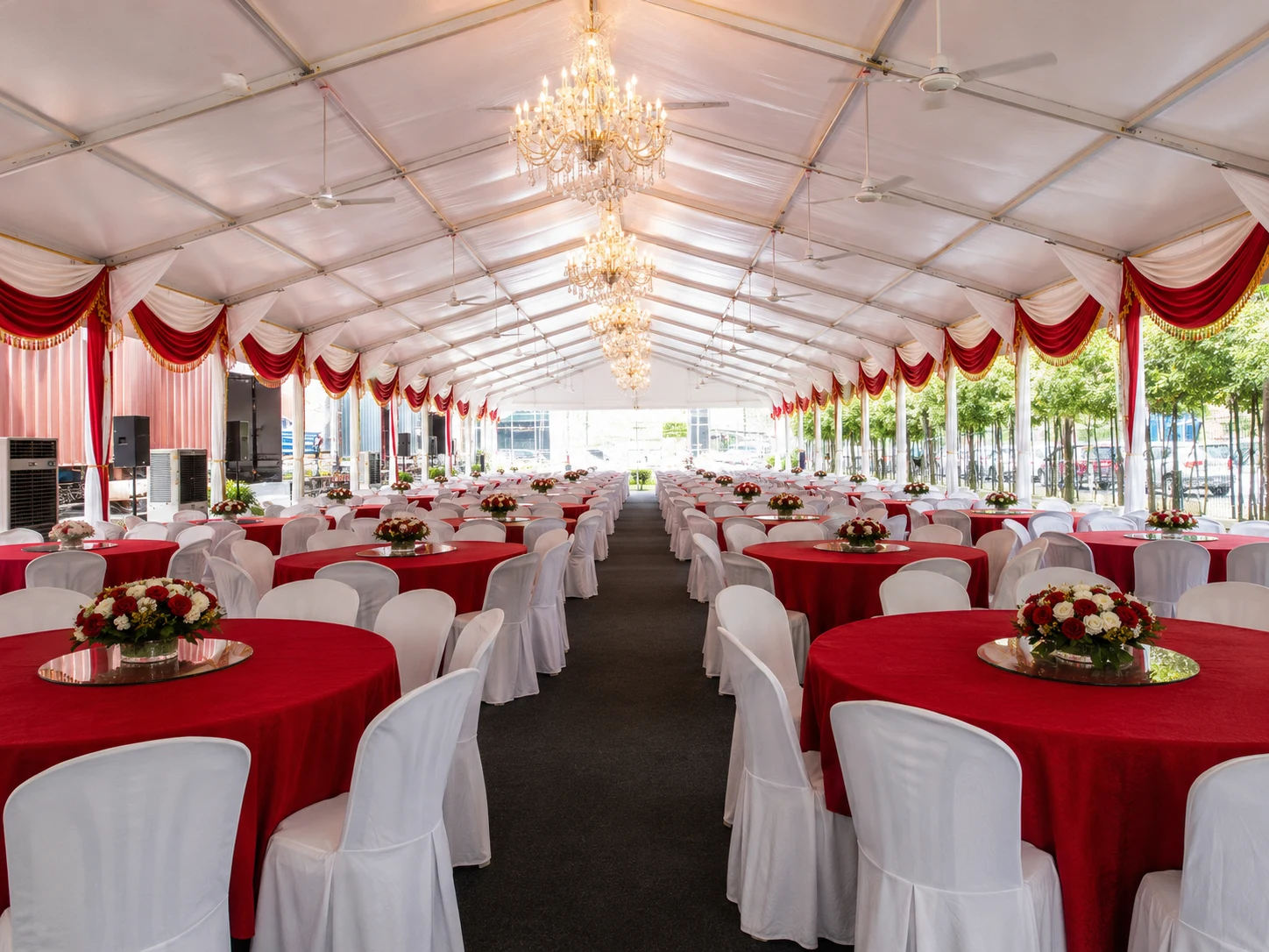 Eco Ardence Setia Alam wedding banquet marquee layout with clear roof cover, dining tables, drapes, floral decor and garden event setting
