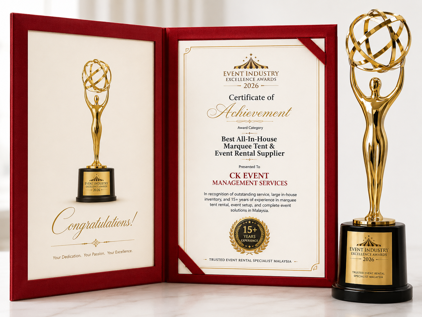 Event Industry Excellence Awards 2026 certificate and trophy for CK Event Management Services