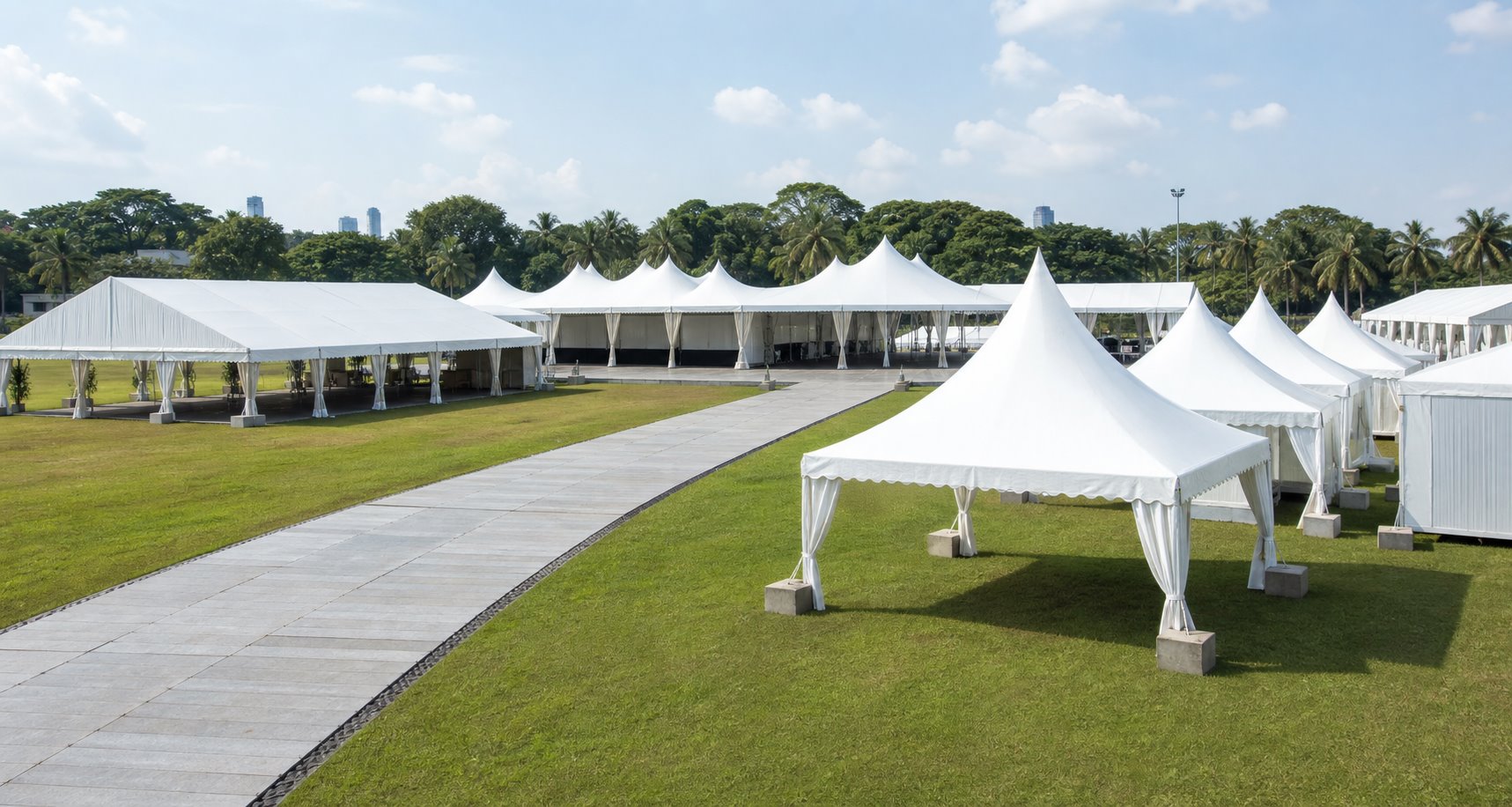 Festival tent event setup with outdoor covered space, booth support and public event layout