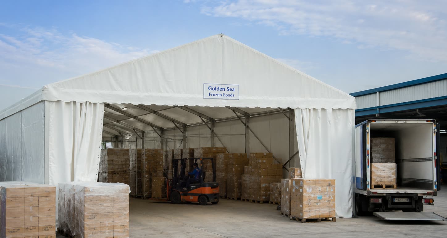 White temporary storage tent with pallet stock, forklift access and delivery truck loading area