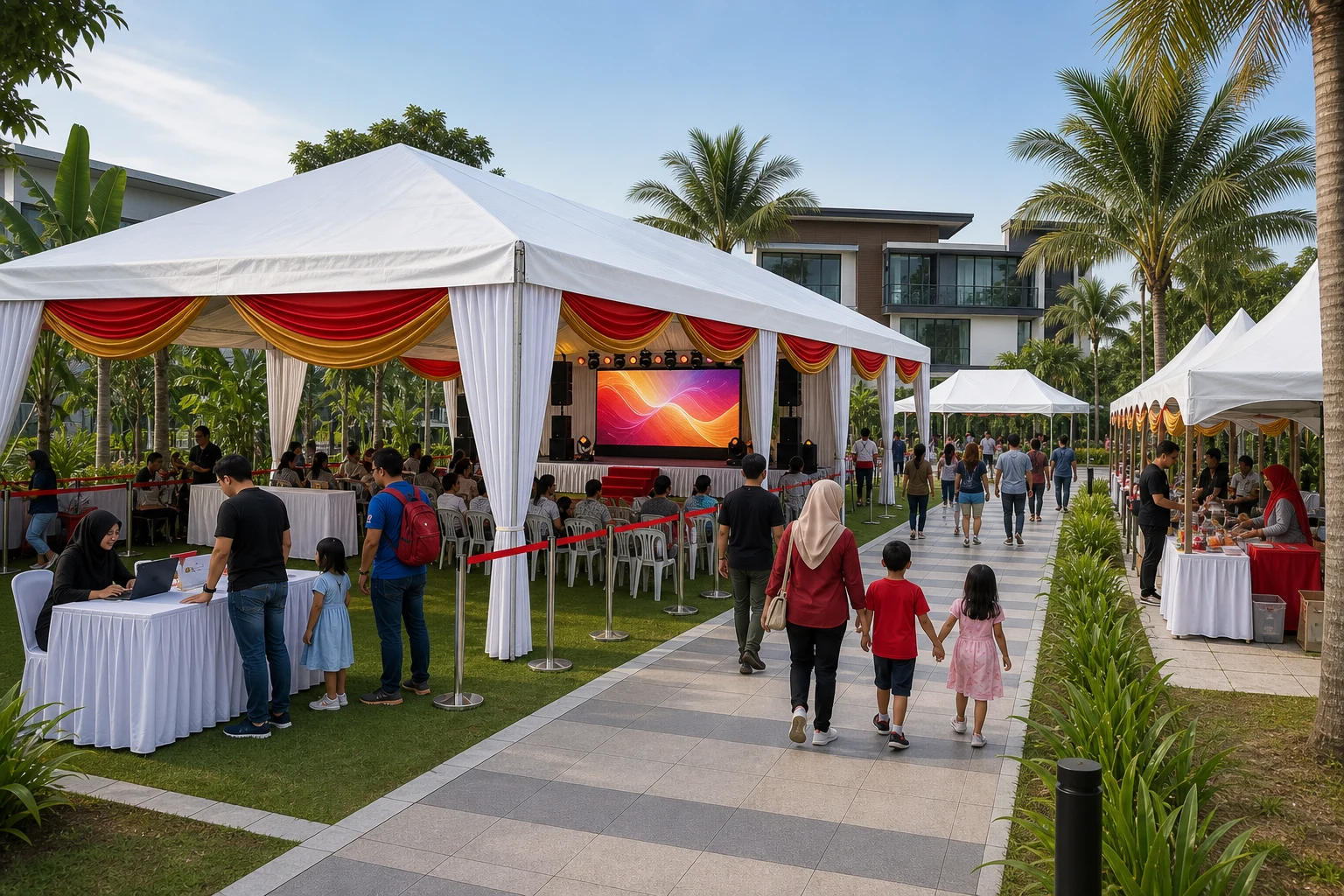 Gamuda Gardens Rawang township carnival setup with open lawn marquee, centered lit LED screen on stage, registration table, food canopies and clear garden walkway