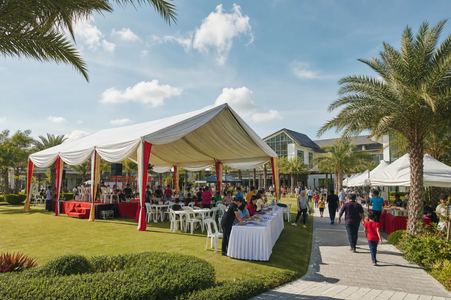 Outdoor lawn carnival setup with white marquee, stage package, dining tables, food service canopies, registration table and landscaped township walkway