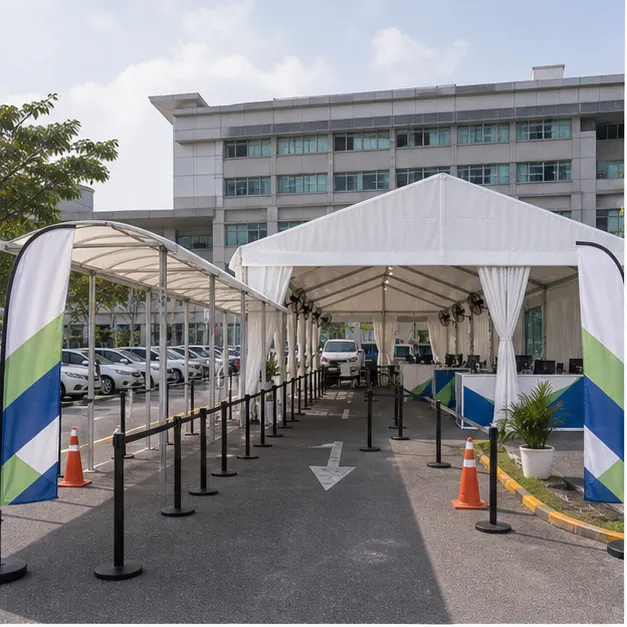 Hospital Serdang outdoor waiting setup with queue shelter marquee, queue canopy, support counters, seated waiting area and clear route