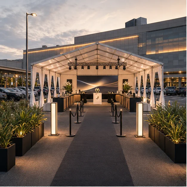 IOI Mall Puchong product launch setup with clear span marquee, abstract launch graphics, timber registration counters, planter boxes and charcoal guest pathway