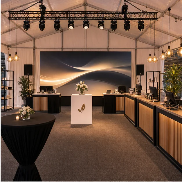 Inside view of a clear span marquee with abstract launch graphics, timber registration counters, cocktail tables, display plinths and warm pendant lighting