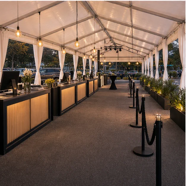 Side angle of a mall car park product launch setup with planter boxes, covered walkway, registration counters, cocktail tables and queue barriers