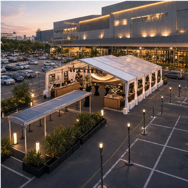 High angle view of a mall outdoor car park event layout with clear span marquee, launch graphics, charcoal guest pathway and product display zone