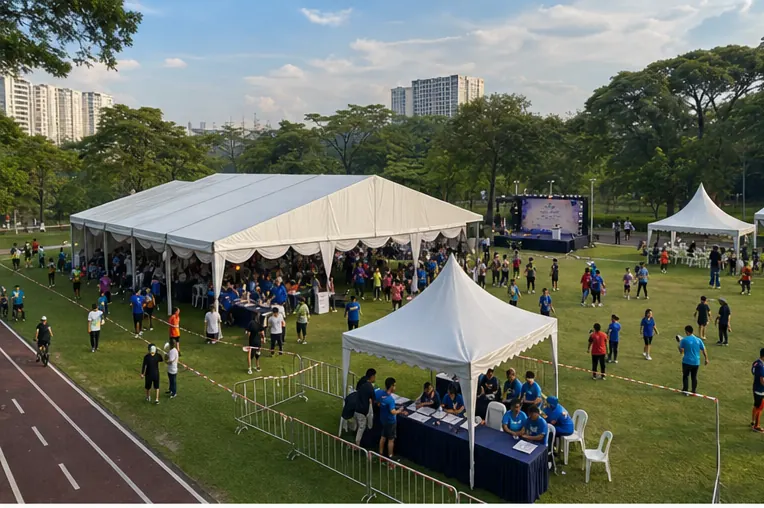 Kepong Metropolitan Park community run setup with open field marquee, food service canopies, registration tables, runners, families and clear guest pathways