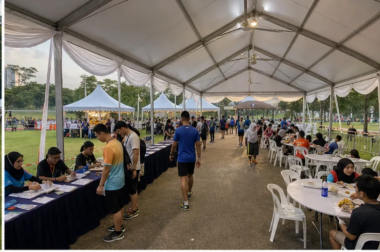 Inside view of a Kepong community run marquee with registration counters, dining tables, plastic chairs, queue lanes and guest walkway