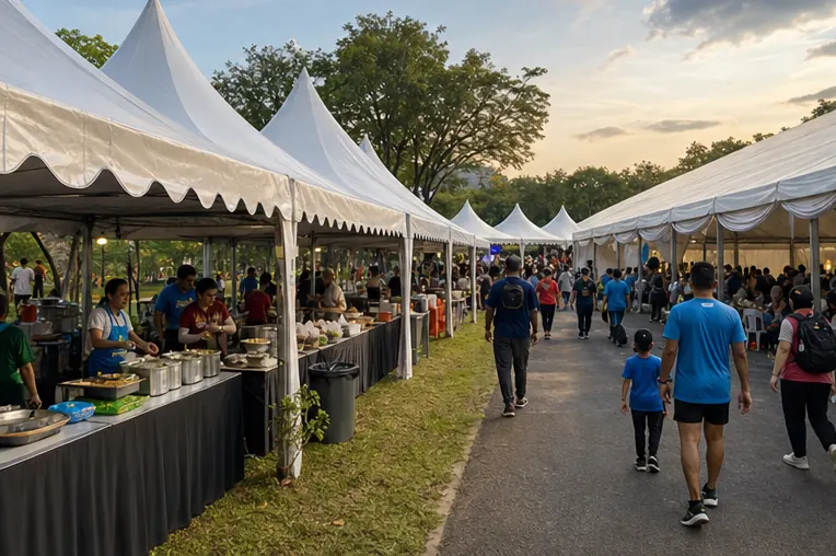 Kepong park food service canopy path with buffet counters, runners, families, open field marquee and clear walking lane