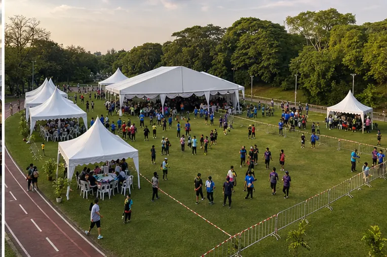 High angle view of Kepong Metropolitan Park community run setup with open field marquee, canopy rows, barricades and guest movement lanes