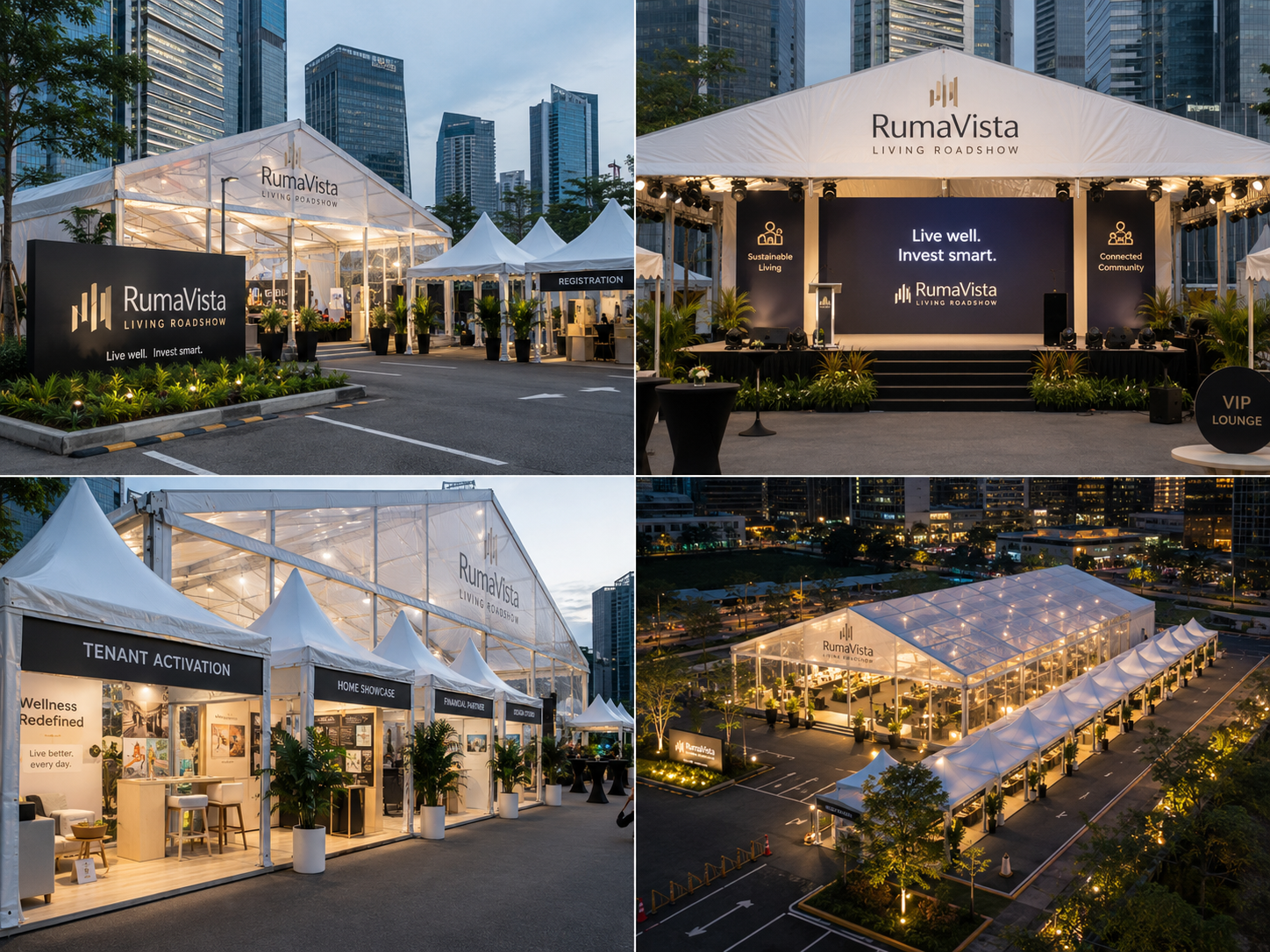 KL Eco City Kuala Lumpur living roadshow setup with clear marquee tent, tenant activation booths, registration counter, stage, VIP lounge, city towers and night aerial event layout
