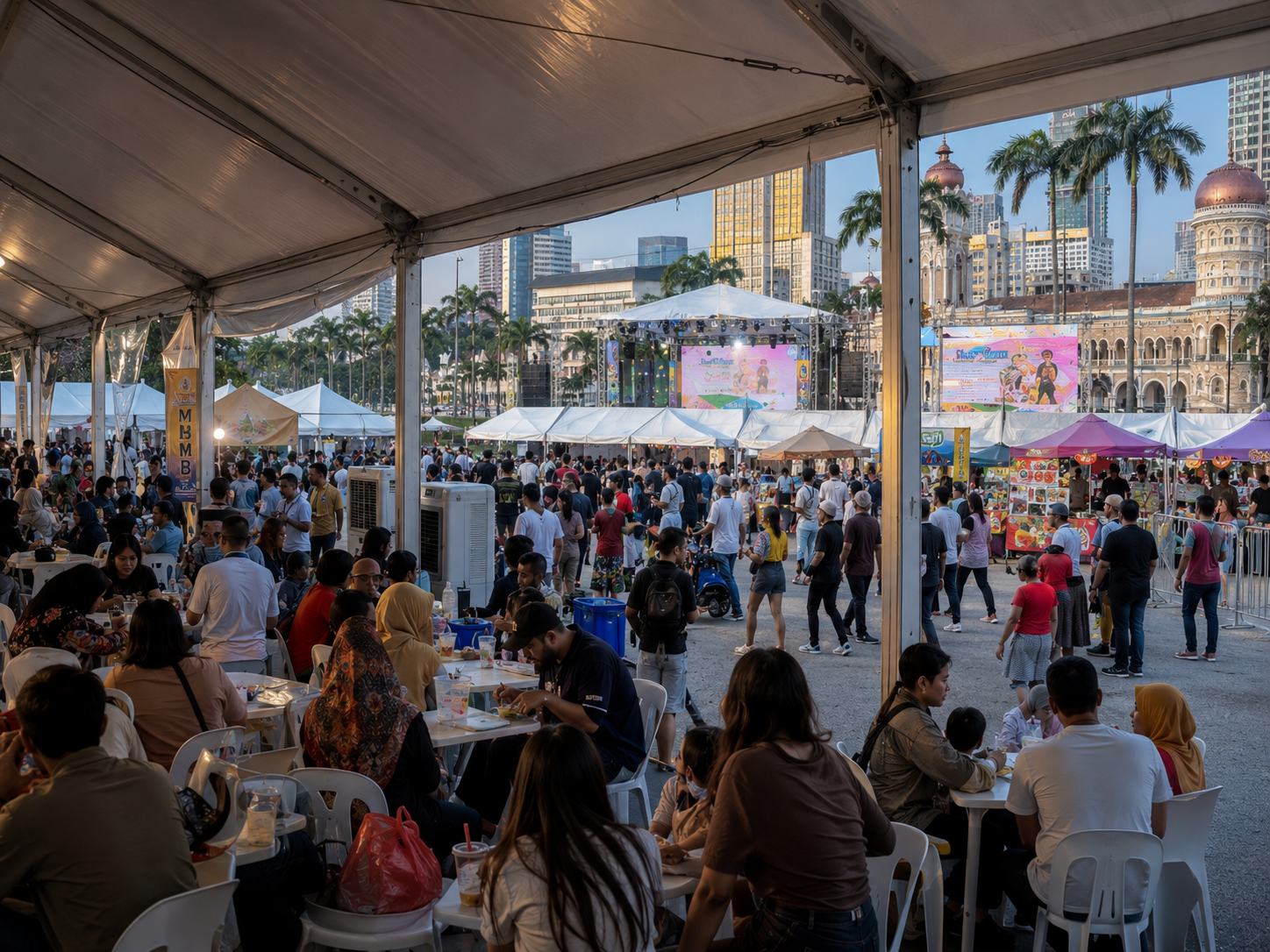 Portfolio concept inside view of a Kuala Lumpur marquee bazaar event showing guest seating, food area, crowd activity and stage-facing public celebration setup