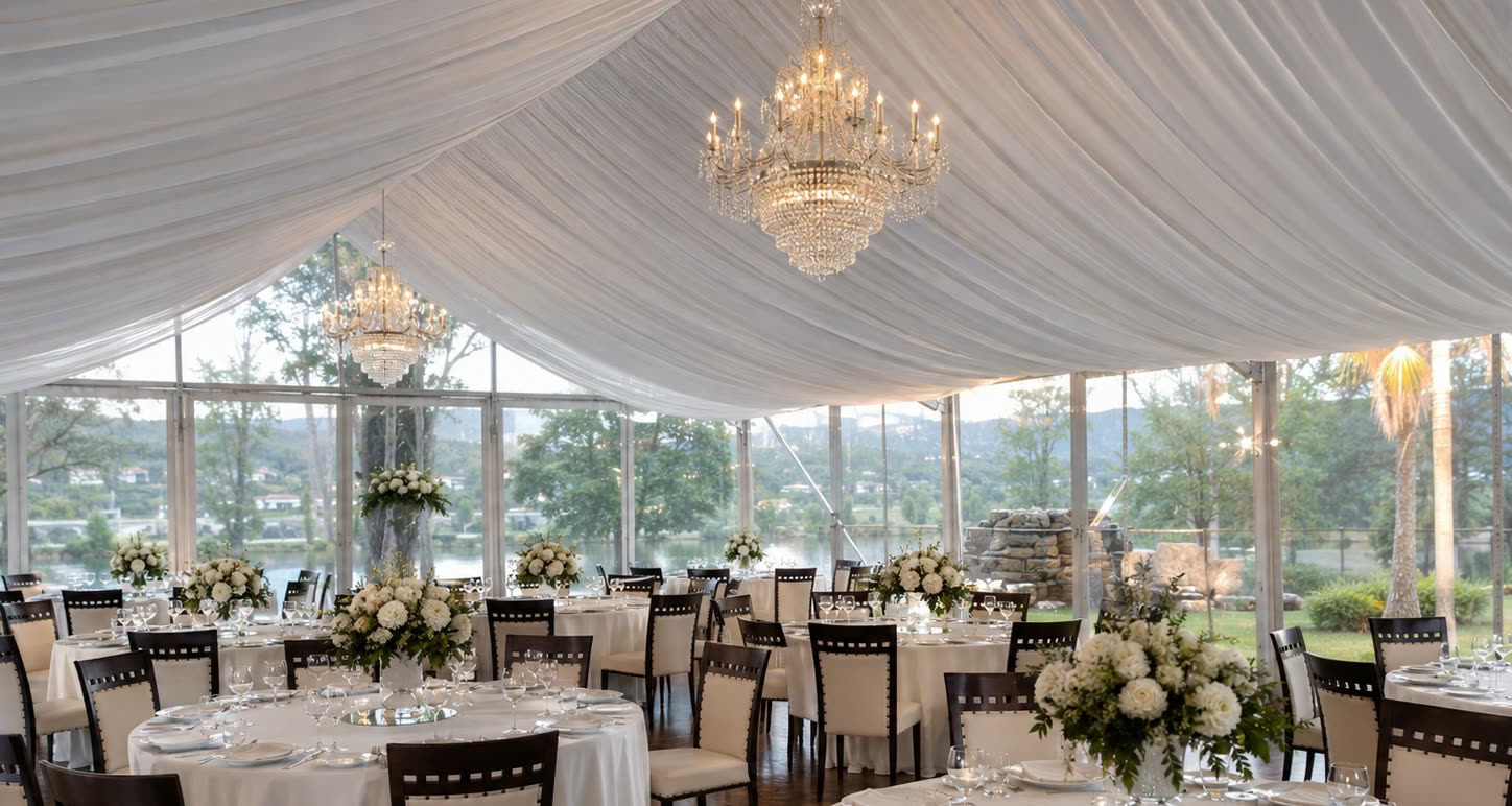 Pearl white wedding marquee interior with round tables, floral centrepieces and chandeliers