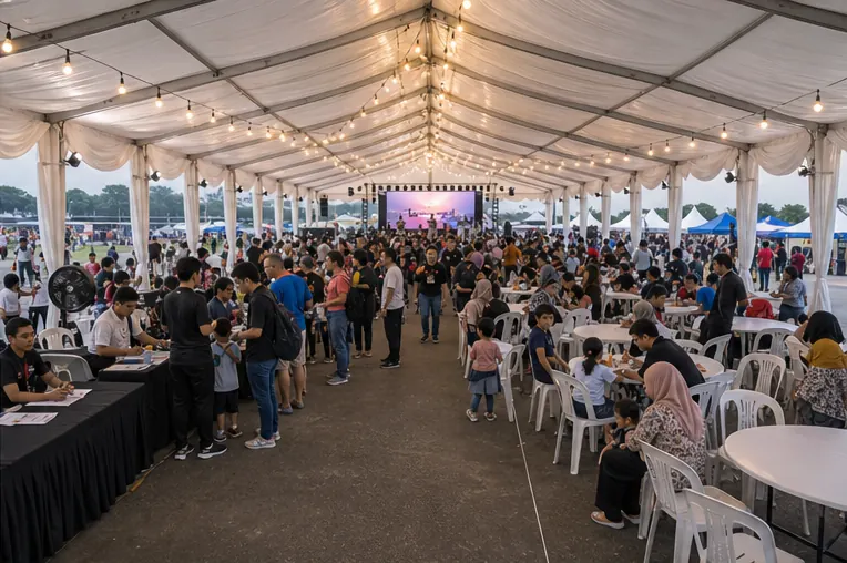 Inside view of a festival marquee with registration counters, plastic chairs, family seating, stage view and guest walkway