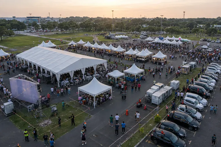 High angle view of MAEPS Serdang open ground with festival marquee, canopy rows, car park edge and guest movement lanes