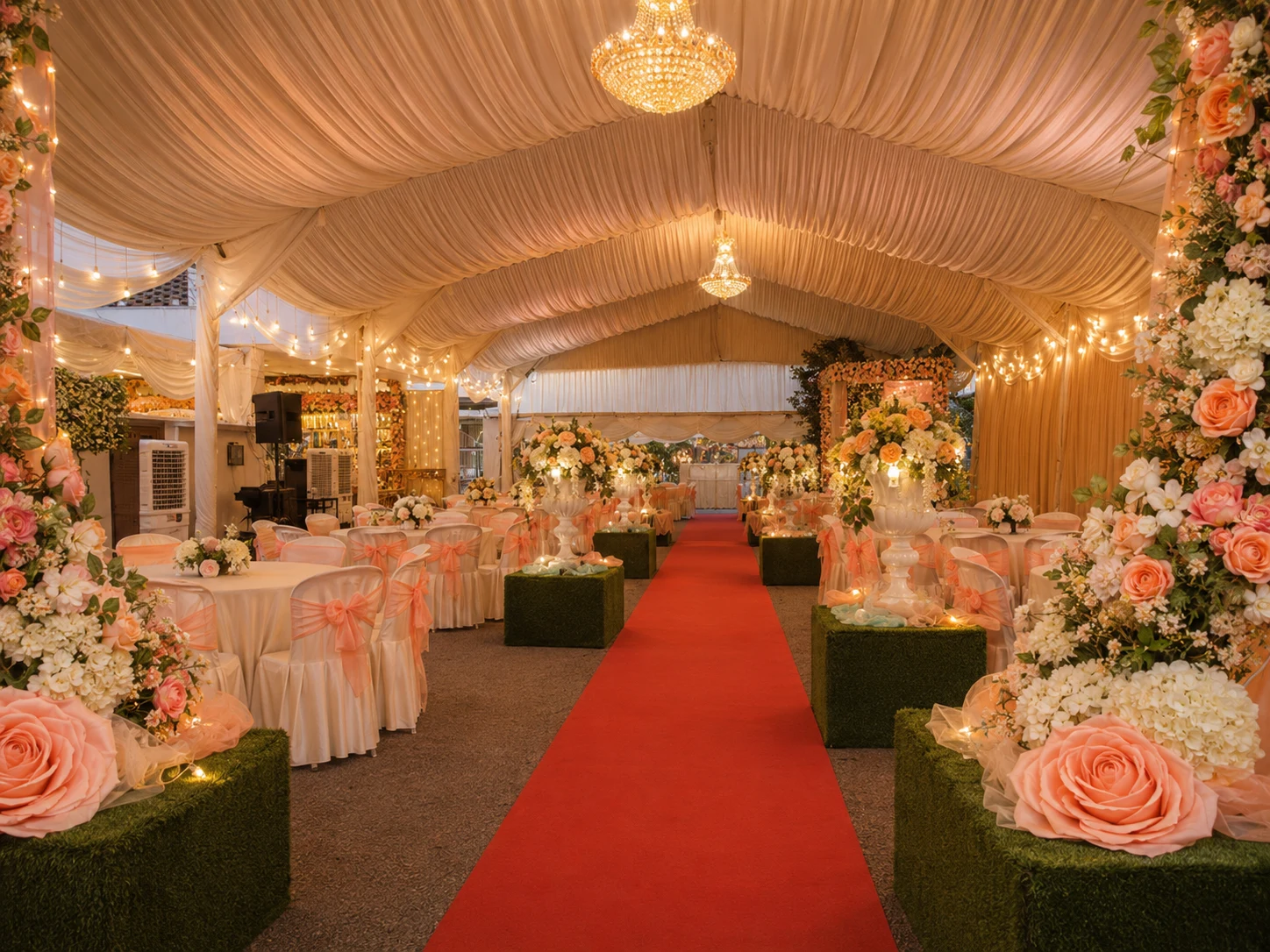 Malay wedding marquee floral entrance with red carpet aisle, warm chandelier lighting, peach floral decor, white drapes and round dining tables