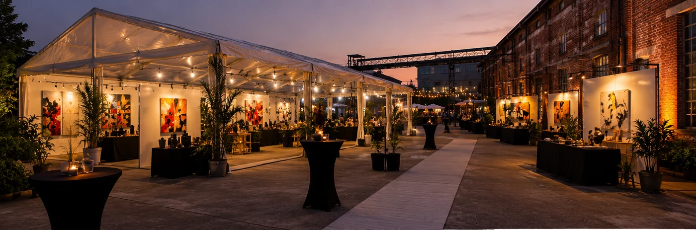 Industrial tent art market setup in a warehouse forecourt with side wall option, display booths, cocktail tables, warm evening lighting and clean guest pathway