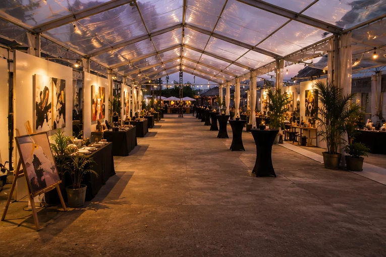 Inside view of a Malaysian-style art market setup with display booths, cocktail tables, warm evening lights and industrial tent cover