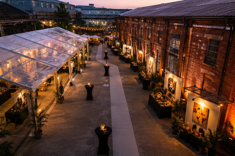 Warehouse forecourt art market setup with industrial tent, brick building backdrop, display booths, cocktail tables and clear guest pathway