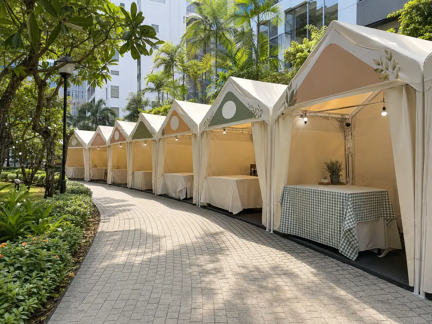 Curved row of bazaar canopy stalls in a tropical garden setting in Malaysia with cream booth panels, soft lighting and landscaped surroundings