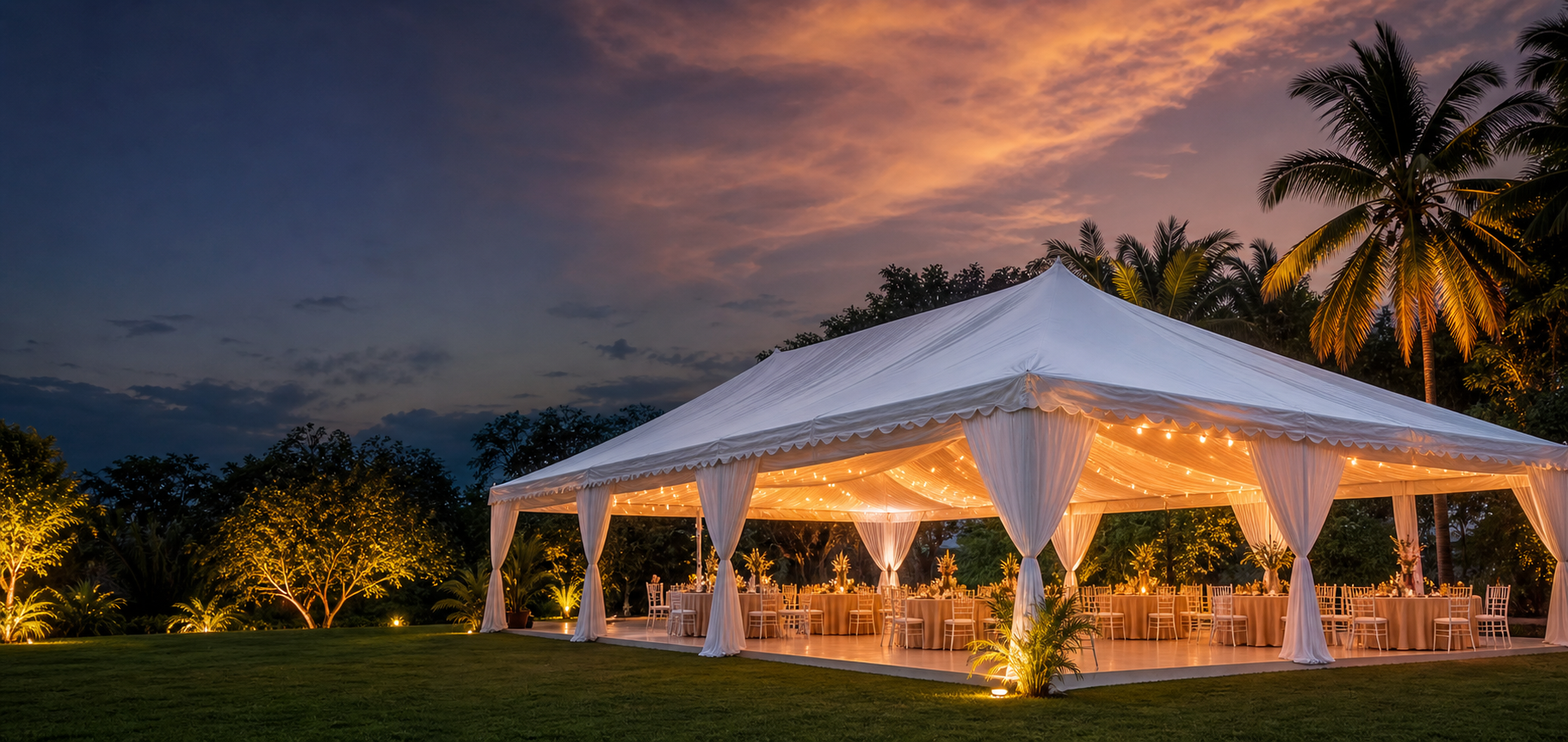 Marquee tent rental hero setup with covered event structure, decorated interior and guest-ready event layout