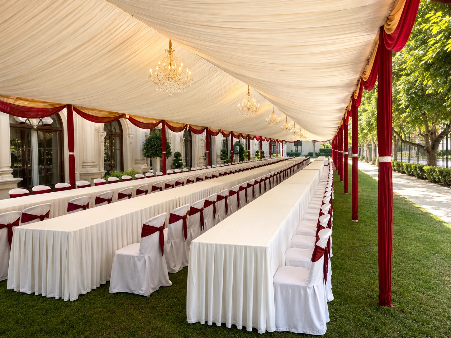 Red and gold garden marquee layout with long banquet tables, white chair covers, chandelier lighting and open side lawn access
