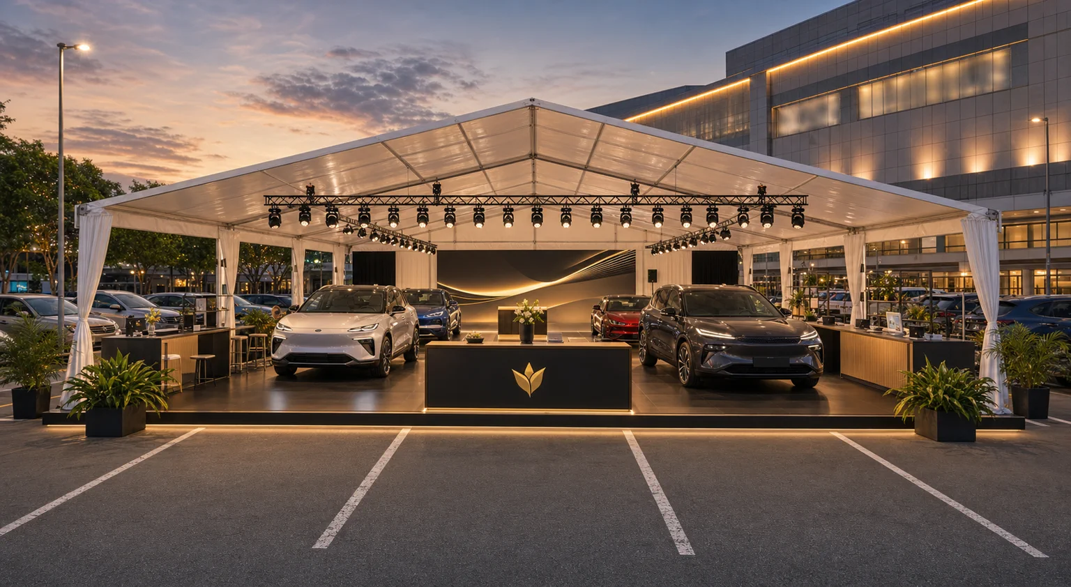 1 Utama outdoor car park automotive roadshow setup with clear span marquee, black platform flooring, car display bays and product lighting