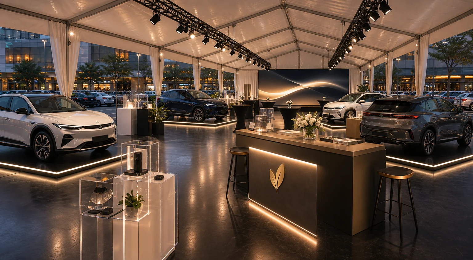 Inside view of a clear span marquee with vehicle display bays, black platform flooring, product lighting, demo counter and lounge stools