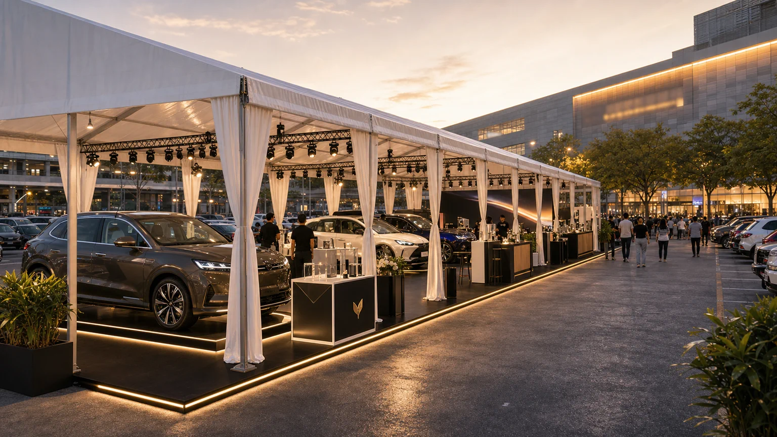Side view of a mall car park roadshow with open visitor route, display cars, demo counters, glass display plinth and product lighting