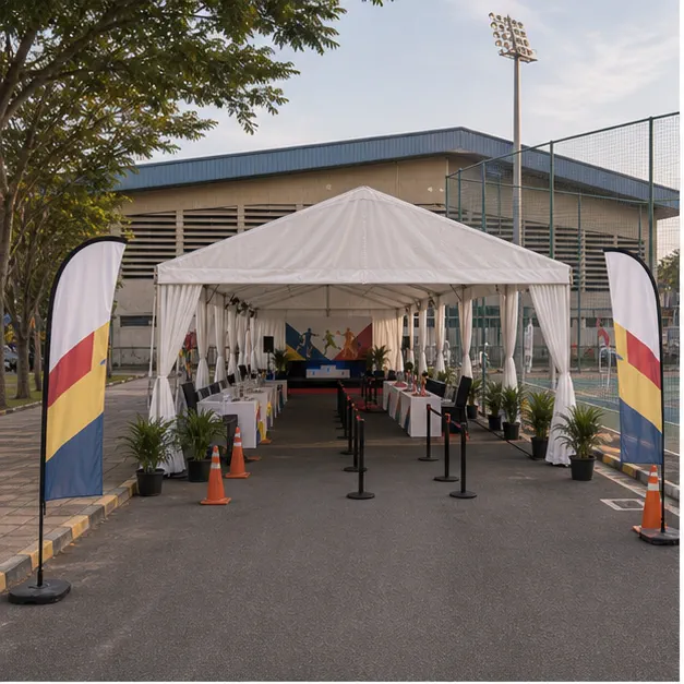 Pandamaran Klang sports day marquee setup with covered guest area, stage support, registration area and outdoor event seating